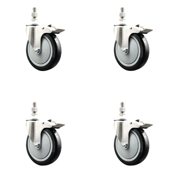 Service Caster 5 Inch 316SS Black Polyurethane Wheel Swivel 12mm Stem Caster Set Lock Brake SS316TSTTL20S514-PPUB-BLK-M1215-4 - main